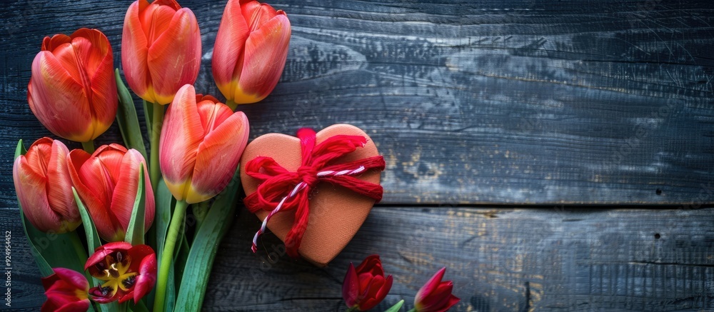 Poster Red tulip flower bouquet in a heart shaped gift box on a wooden background Valentine s Day greeting card Includes space for your message. with copy space image. Place for adding text or design