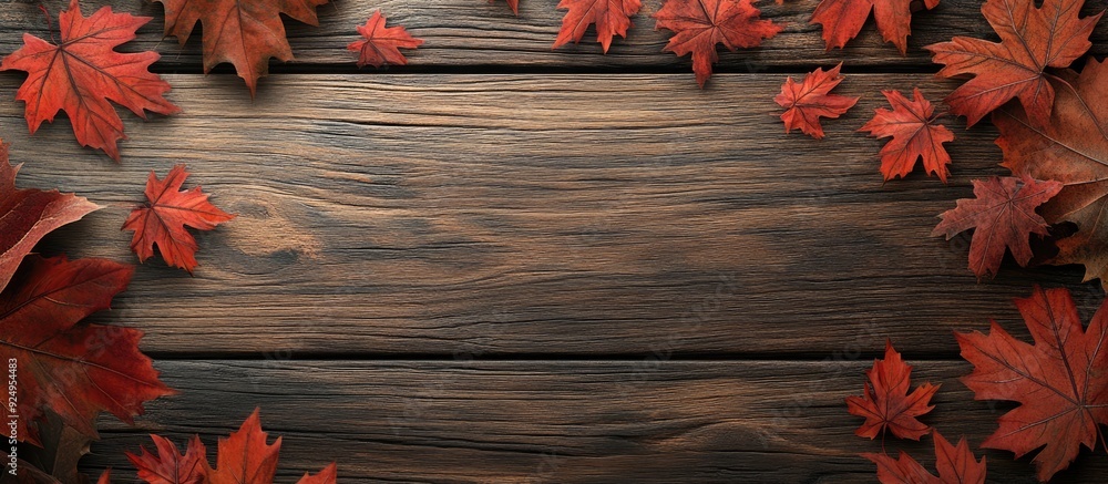 Leinwandbilder autumn maple leaves on a wooden surface space for a written message. with copy space image. place fo