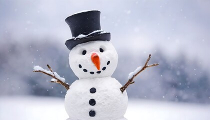 Fototapeta premium Happy snowman in the snow. Fun and cheerful winter character perfect for holiday greetings.