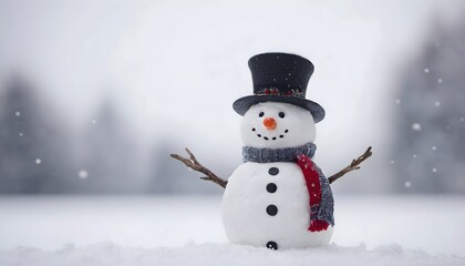 Fototapeta premium Smiling snowman with a scarf on the snow. Cute and festive winter decoration for Christmas celebrations.