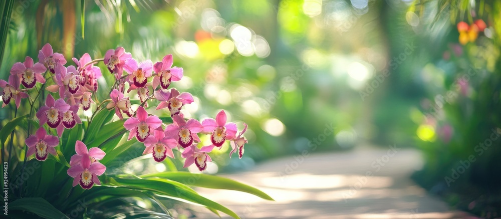 Aufkleber Orchids in a park within a botanic garden environment Copy space available at the bottom on an inviting pathway