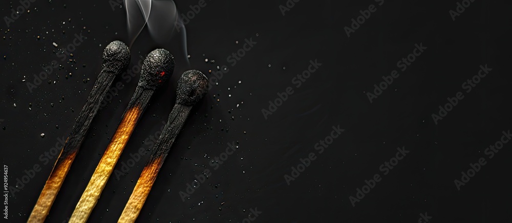 Aufkleber three household matches on a black background one match is burnt while the other has sulfur. with co