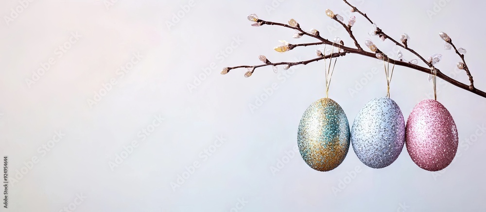 Aufkleber Decorative sequin eggs dangle from a branch against a white background creating an Easter backdrop with copy space
