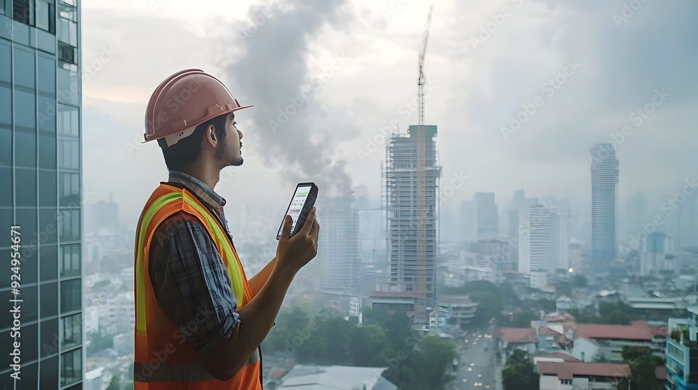 Poster engineer optimizing urban air with futuristic meter in smart city setting