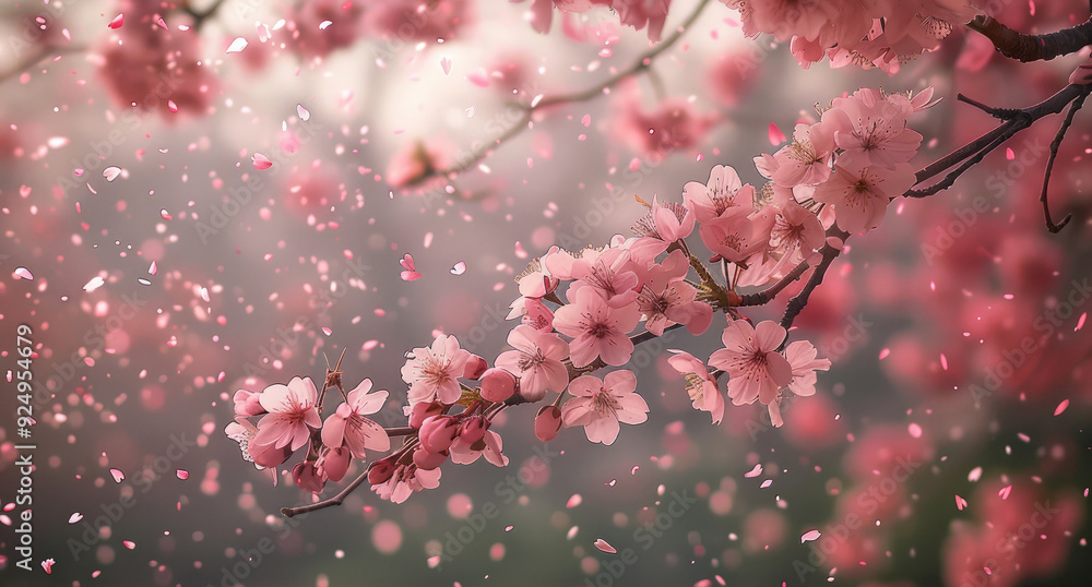 Poster a tree in full bloom with pink cherry blossoms, with petals gently falling and a soft, blurred backg
