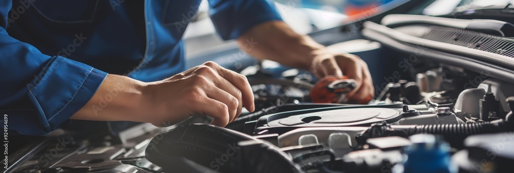 Poster close-up of a mechanic's hands as they work meticulously on the internal components of a car engine,