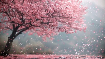 A tree in full bloom with pink cherry blossoms, with petals gently falling and a soft, blurred background enhancing the delicate beauty of the scene. Generative AI.