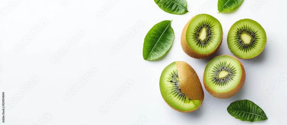 Poster top view of fresh kiwi on a white background with room for text poster template. with copy space ima