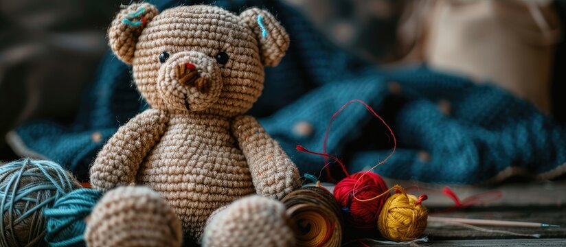 Sewing a teddy bear by hand Hobbies DIY toy for children on a brown background top view with copy space