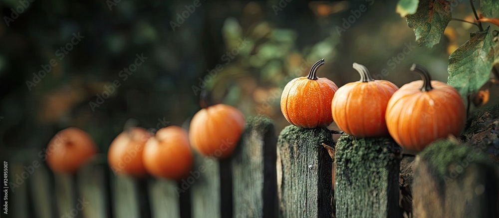 Poster small pumpkins placed on a fence in the autumn season. with copy space image. place for adding text 