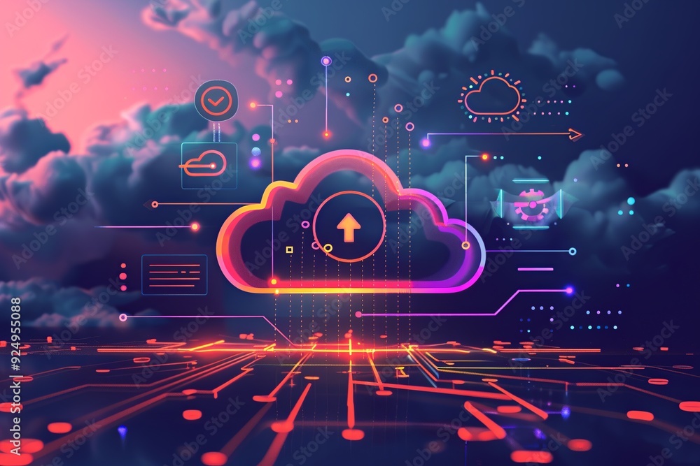 Poster a conceptual image highlighting cloud computing cost efficiency, featuring a cloud integrated with a