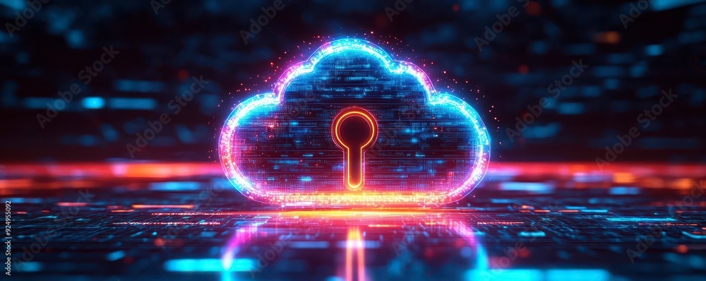 Poster futuristic cloud symbol with a glowing keyhole, representing data security and digital protection in