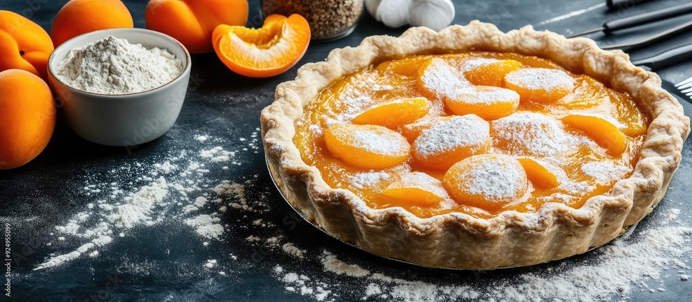 Aufkleber apricot pie along with a bowl containing flour and other ingredients and tools on the table. with co
