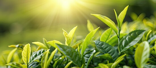 Close up view of a collection of leafy branches with fresh green tea leaves isolated on a white background These leaves are freshly picked from a home grown organic tea plantation Food concept clippi