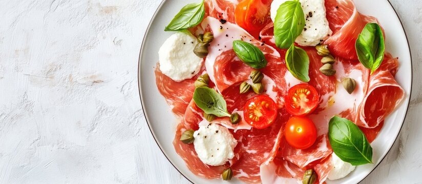Slices of Prosciutto coppa di Parma ham served with ricotta cheese tomato capers and basil on a light plate top view copyspace