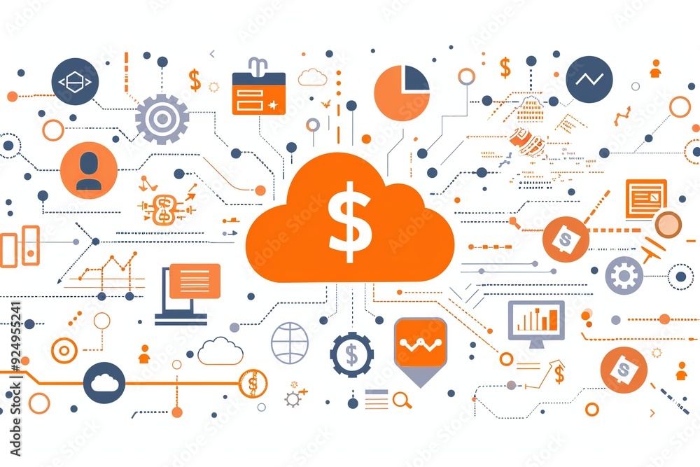 Poster a conceptual image highlighting cloud computing cost efficiency, featuring a cloud integrated with a