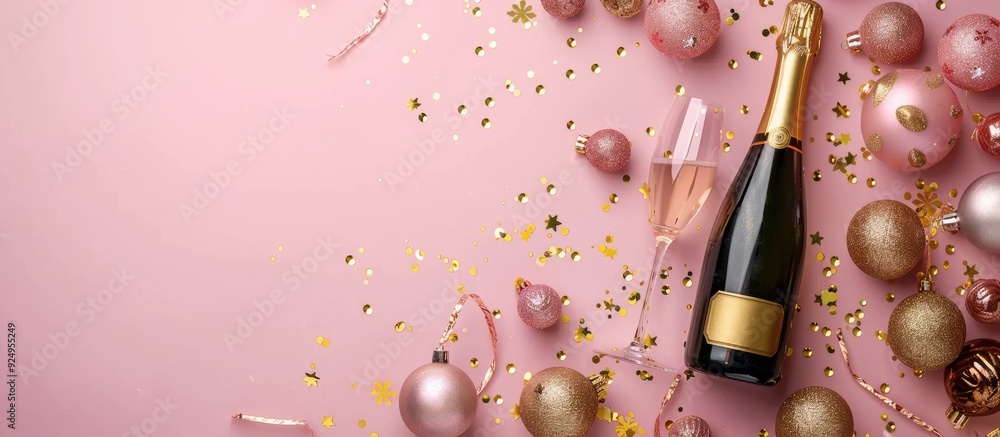Poster christmas or new year pink backdrop featuring a bottle of sparkling wine rose champagne and gold dec