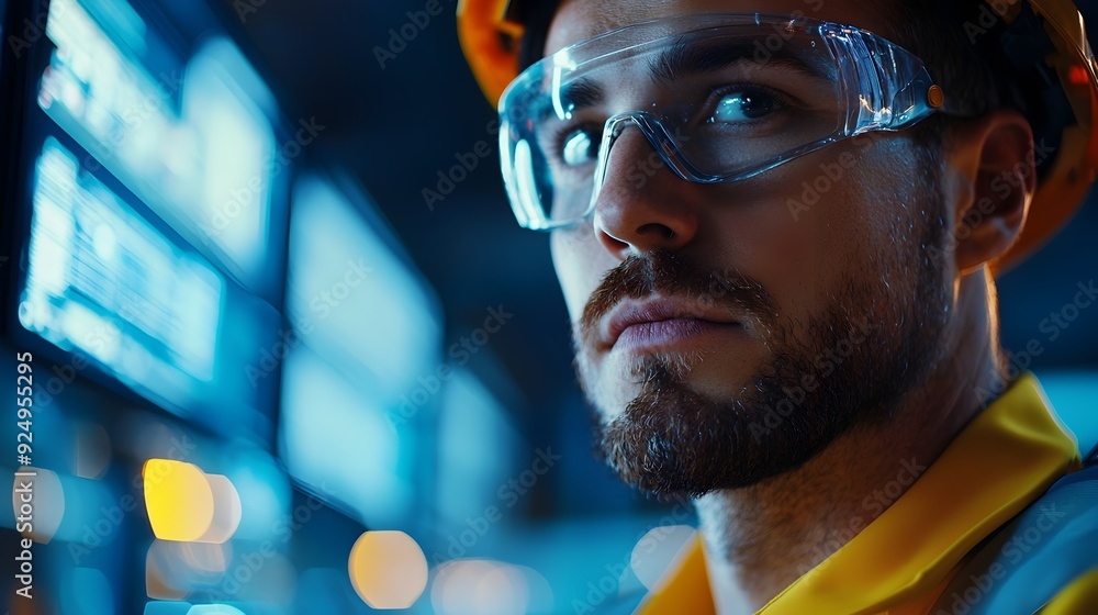 Poster focused engineer analyzing air data with expertise and determination