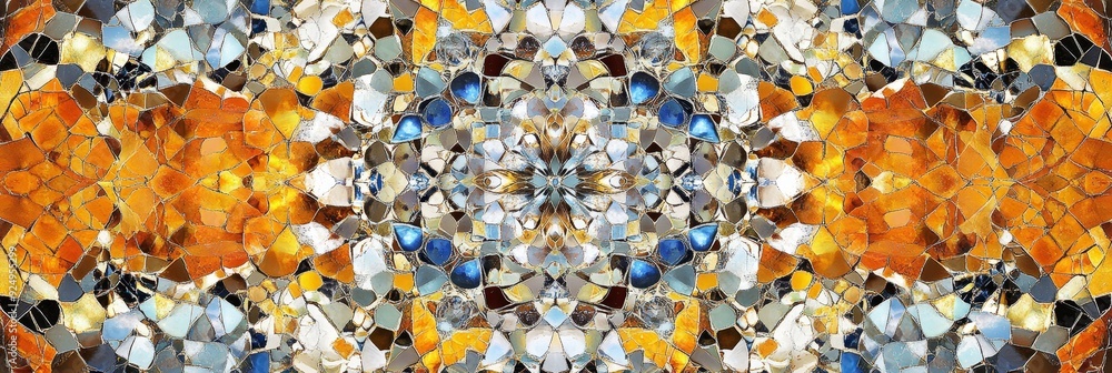 Poster Abstract Mosaic Pattern with Orange and Blue Tones - A symmetrical pattern of multicolored mosaic tiles, showcasing a captivating blend of orange, blue, and gray shades. The intricate details and mirr