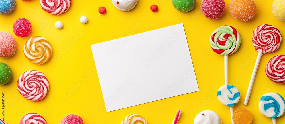 Leinwandbilder arrangement featuring a blank card lollipops and candies on a yellow background. with copy space ima