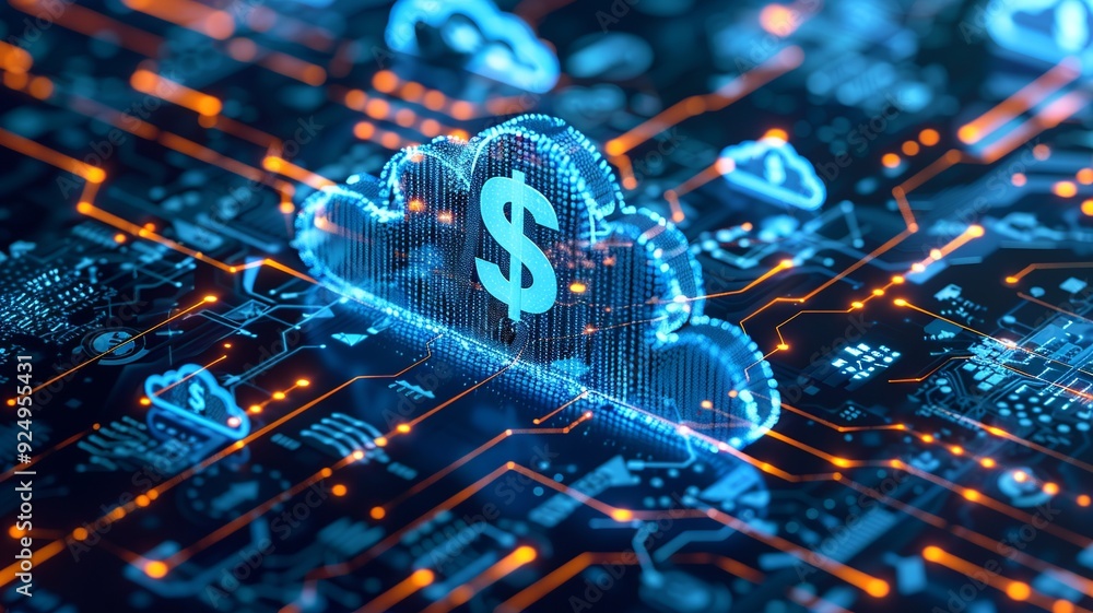 Poster a conceptual image highlighting cloud computing cost efficiency, featuring a cloud integrated with a