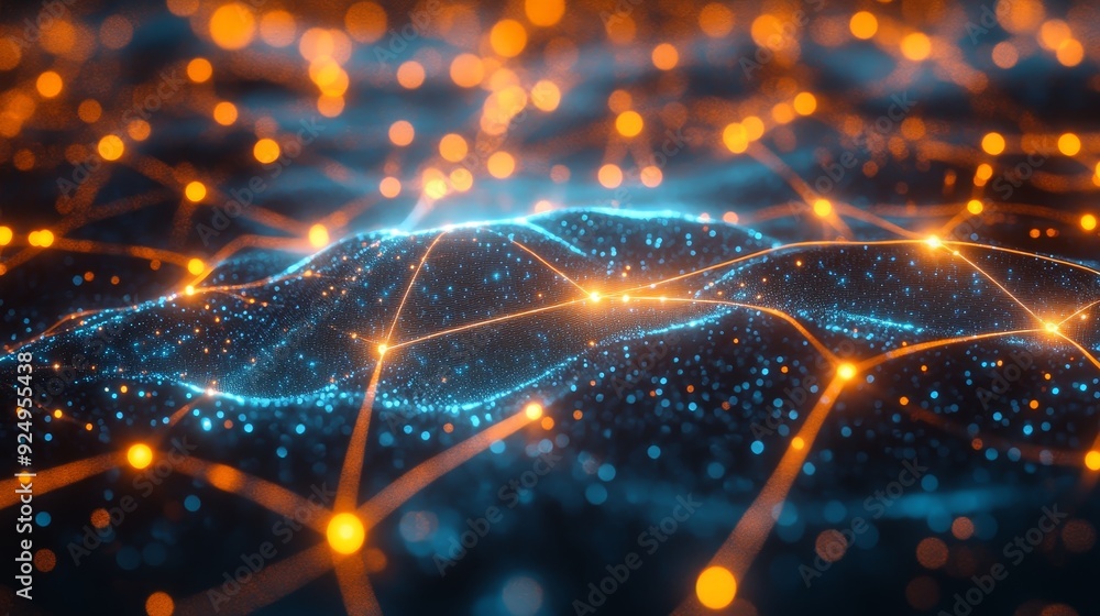 Poster abstract network connection concept with blue and orange lights - this abstract image depicts a netw