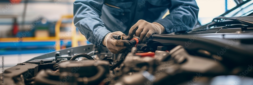 Poster close-up of hands working on a car engine using a red tool in a brightly lit workshop, emphasizing t
