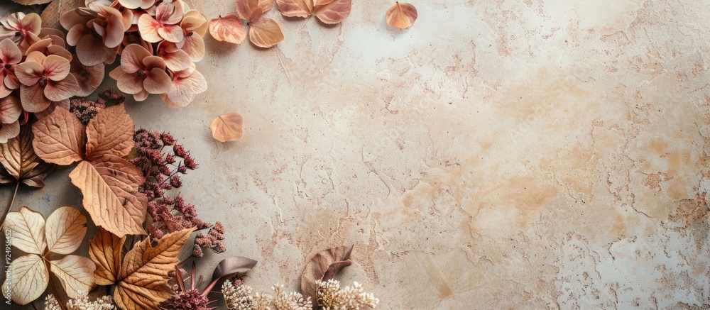 Aufkleber Autumn floral arrangement A frame consists of dried flowers and leaves set against a pastel beige background Autumn fall theme Flat lay top view copyspace