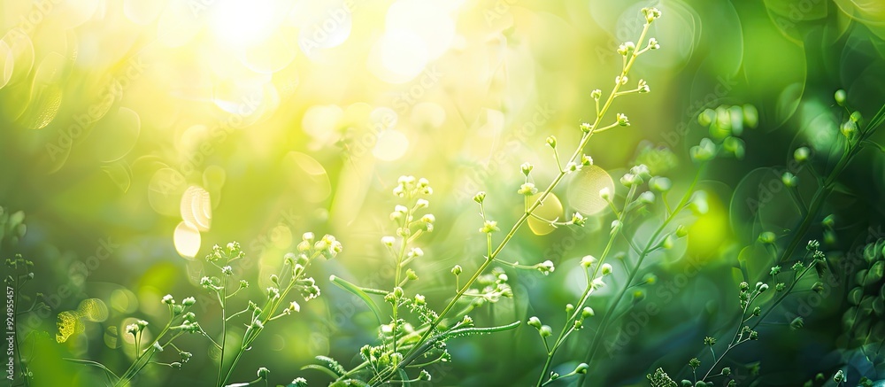 Poster Abstract blur of green grass in a garden with sunlight used as a background concept. with copy space image. Place for adding text or design
