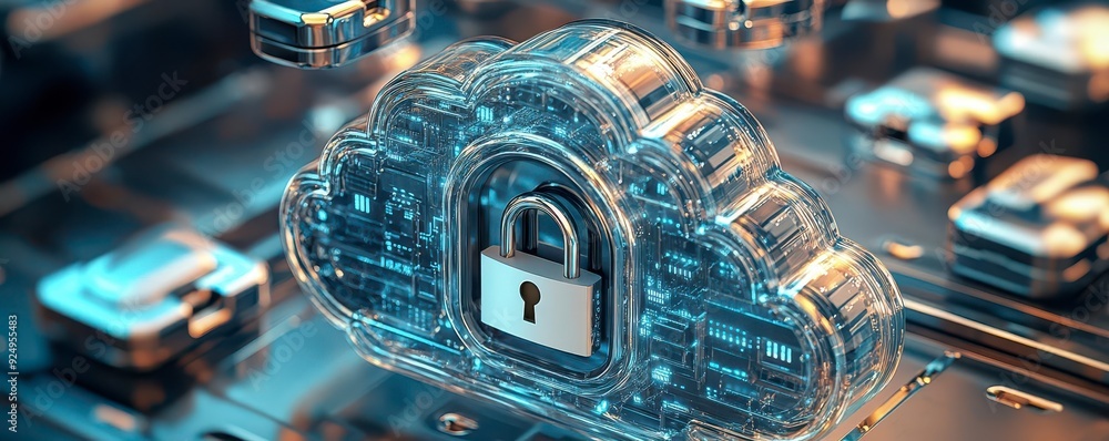 Poster 3d illustration of a secure cloud storage with a padlock, representing data protection and cybersecu