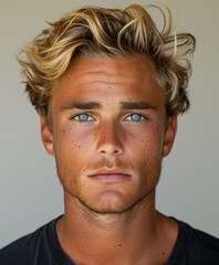 A close-up portrait image capturing the intense gaze of a young man with striking blue eyes and tousled blond hair, showcasing natural beauty and emotion.