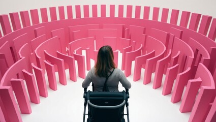A woman in a wheelchair is facing a complex pink labyrinth