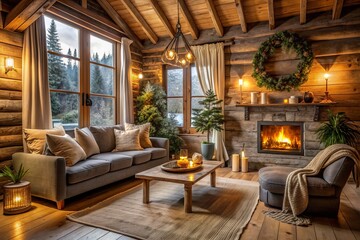 Cozy and inviting, this rustic Scandinavian-inspired cabin features natural textiles, earthy tones, and warm lighting for a snug and comforting ambiance.