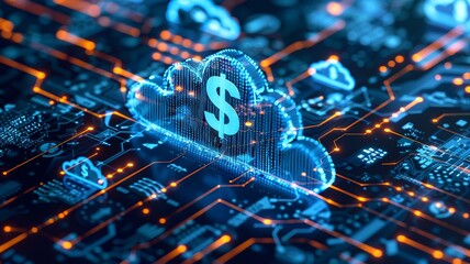 A conceptual image highlighting cloud computing cost efficiency, featuring a cloud integrated with a price tag and symbols for pay-per-use pricing models