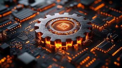  Digital 3d gear icon with binary code, artificial intelligence in system setting optimization, automation workflows, software customization options, and personalized user interfaces design 