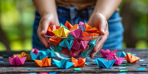 Fototapeta premium Origami paper boats in bowl.