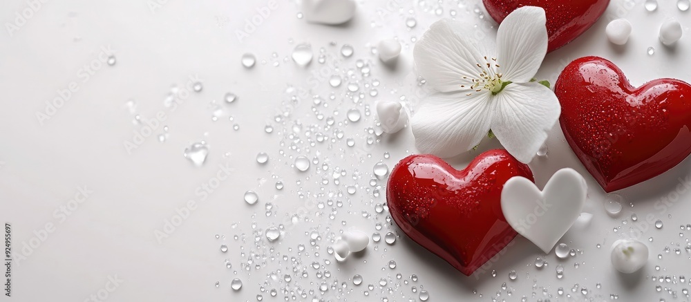 Poster Hearts and a white flower set against a white background Valentine s Day. with copy space image. Place for adding text or design