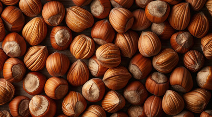 Fototapeta premium Top view of hazelnuts almonds background. Generative AI.