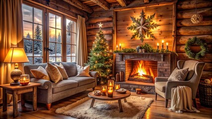 Fototapeta premium cozy cabin rustic wooden decor vintage ornaments soft candlelight flickering fireplace intimate setting warm fuzzy feeling snug winter clothing lazy afternoon relaxing atmosphere