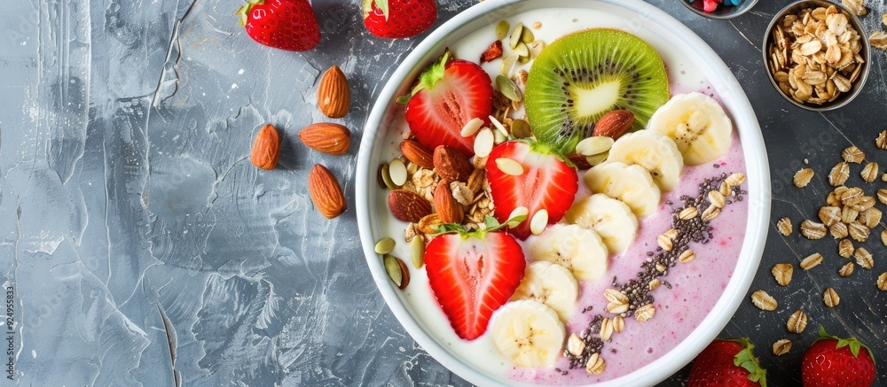 Poster Top view of a smoothie bowl featuring fresh fruits and nuts on a grey background. with copy space image. Place for adding text or design