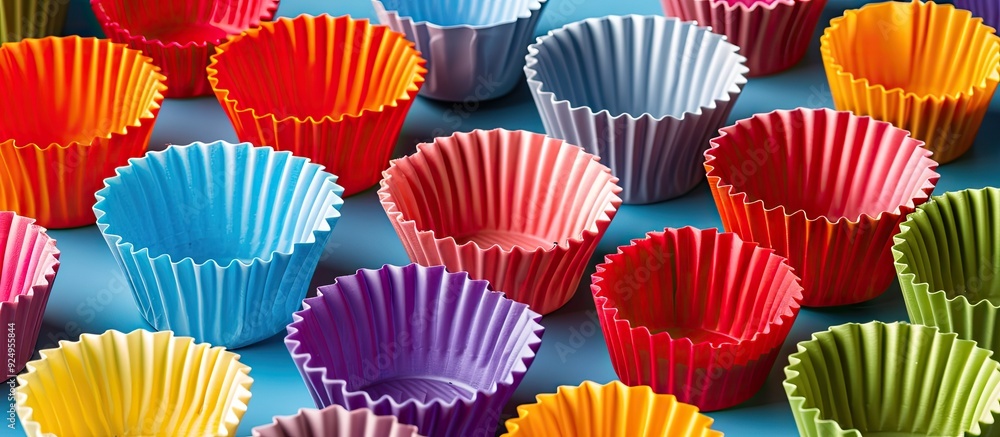 Poster Muffin baking liners on a colorful background. with copy space image. Place for adding text or design