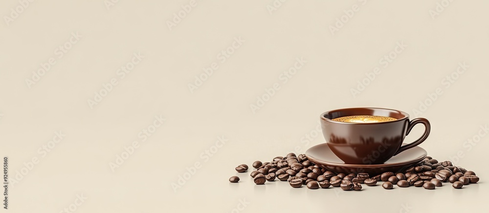 Aufkleber coffee beans and a cup of coffee on the table. with copy space image. Place for adding text or design