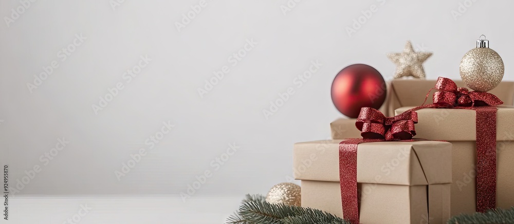 Poster elegant christmas gift boxes wrapped in brown paper featuring toys and new year decorations on a whi