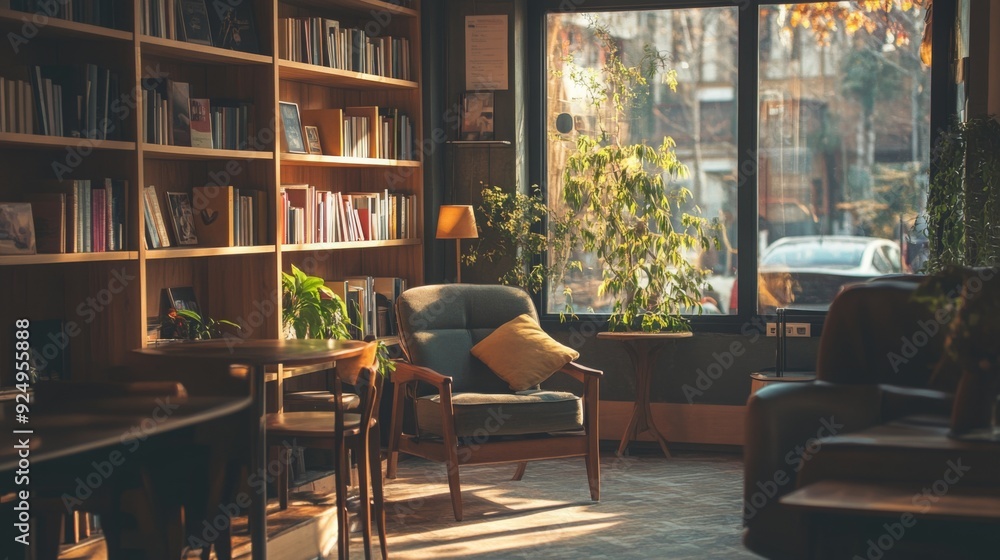 Poster a comfortable chair and table sit in a sunlit library nook filled with books and greenery, creating 