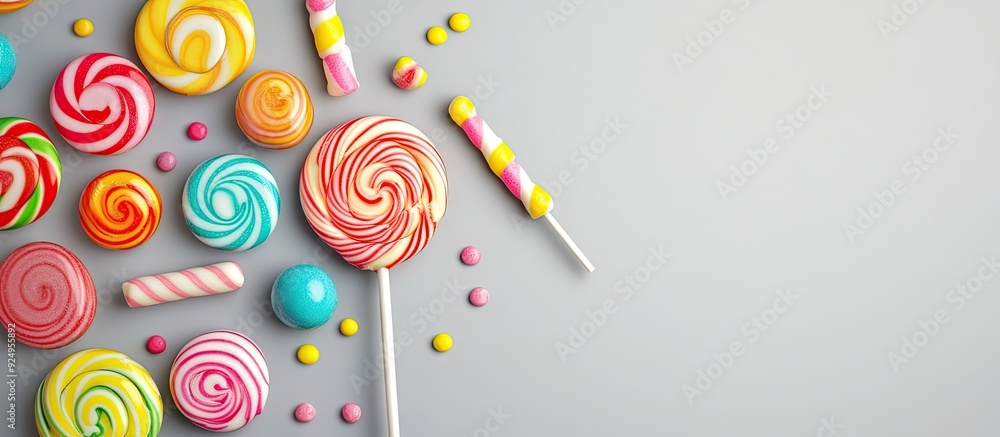 Poster brightly colored lollipops and various round candies on a grey background. with copy space image. pl