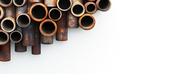 Top view of cut old pipes on a white background copy space