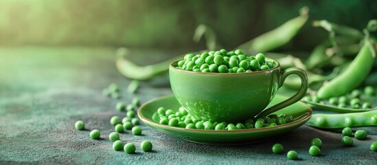 A cup filled with fresh garden peas on a green saucer accompanied by small peas and green pea pods in the background. with copy space image. Place for adding text or design