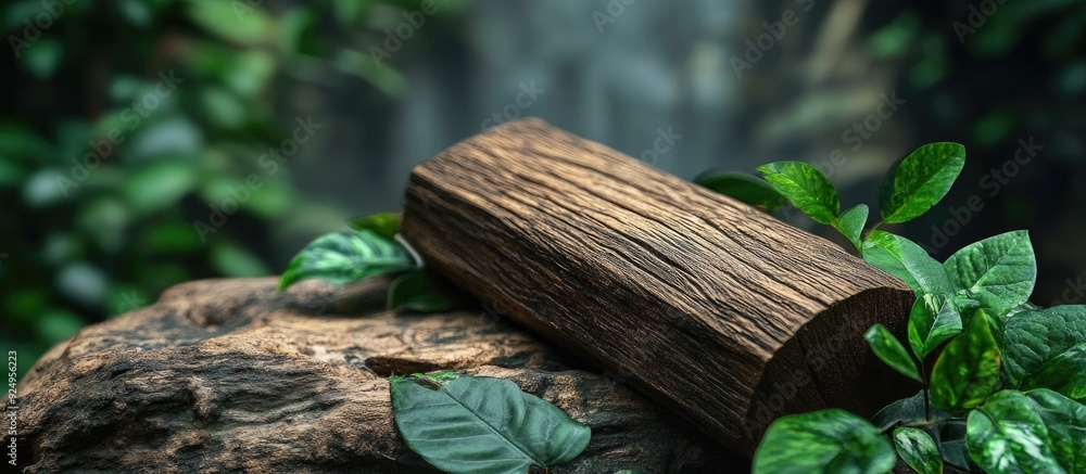 Leinwandbilder wooden piece resting on leaves wooden texture backdrop nature theme. with copy space image. place fo