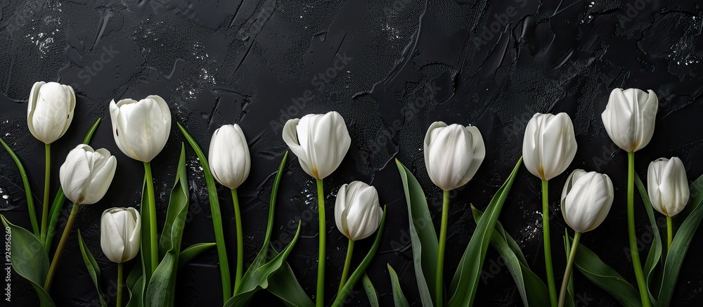 Aufkleber Composition featuring a clipboard and white tulips on a dark background Flat lay top view Floral backdrop. with copy space image. Place for adding text or design