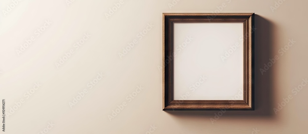 Aufkleber An empty wooden picture frame hanging on a wall for decorative purposes. with copy space image. Place for adding text or design